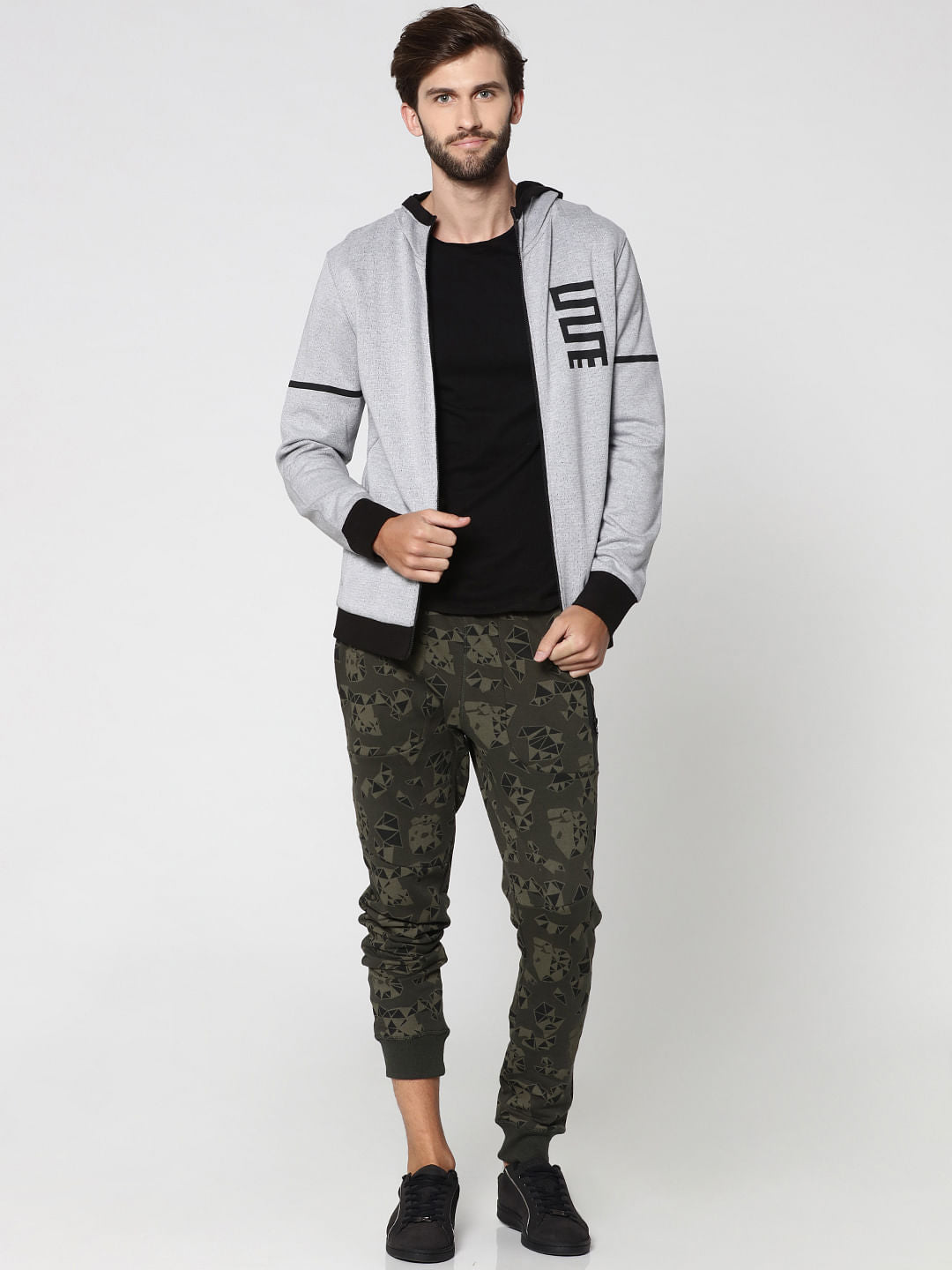 Grey And Black Text Print Hooded Jacket