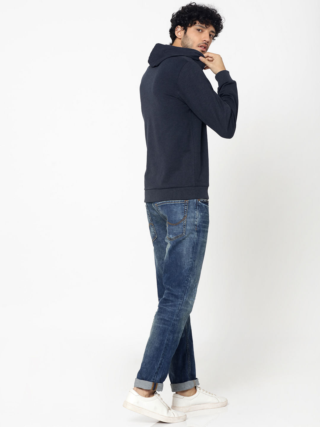 Dark Blue Logo Print Slim Fit Hooded Sweatshirt
