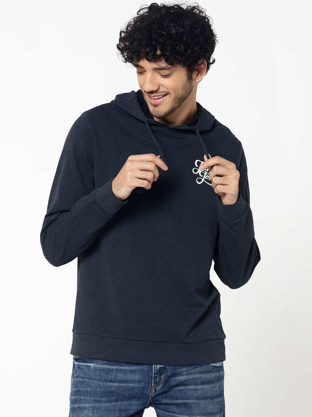 Dark Blue Logo Print Slim Fit Hooded Sweatshirt - S