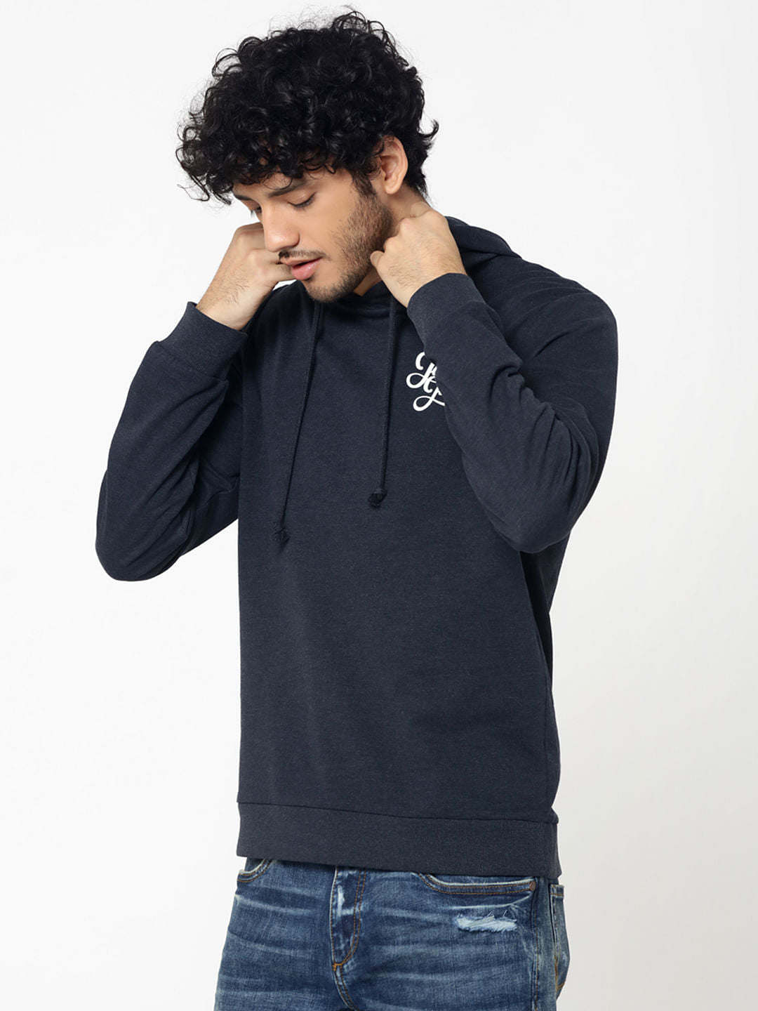 Dark Blue Logo Print Slim Fit Hooded Sweatshirt