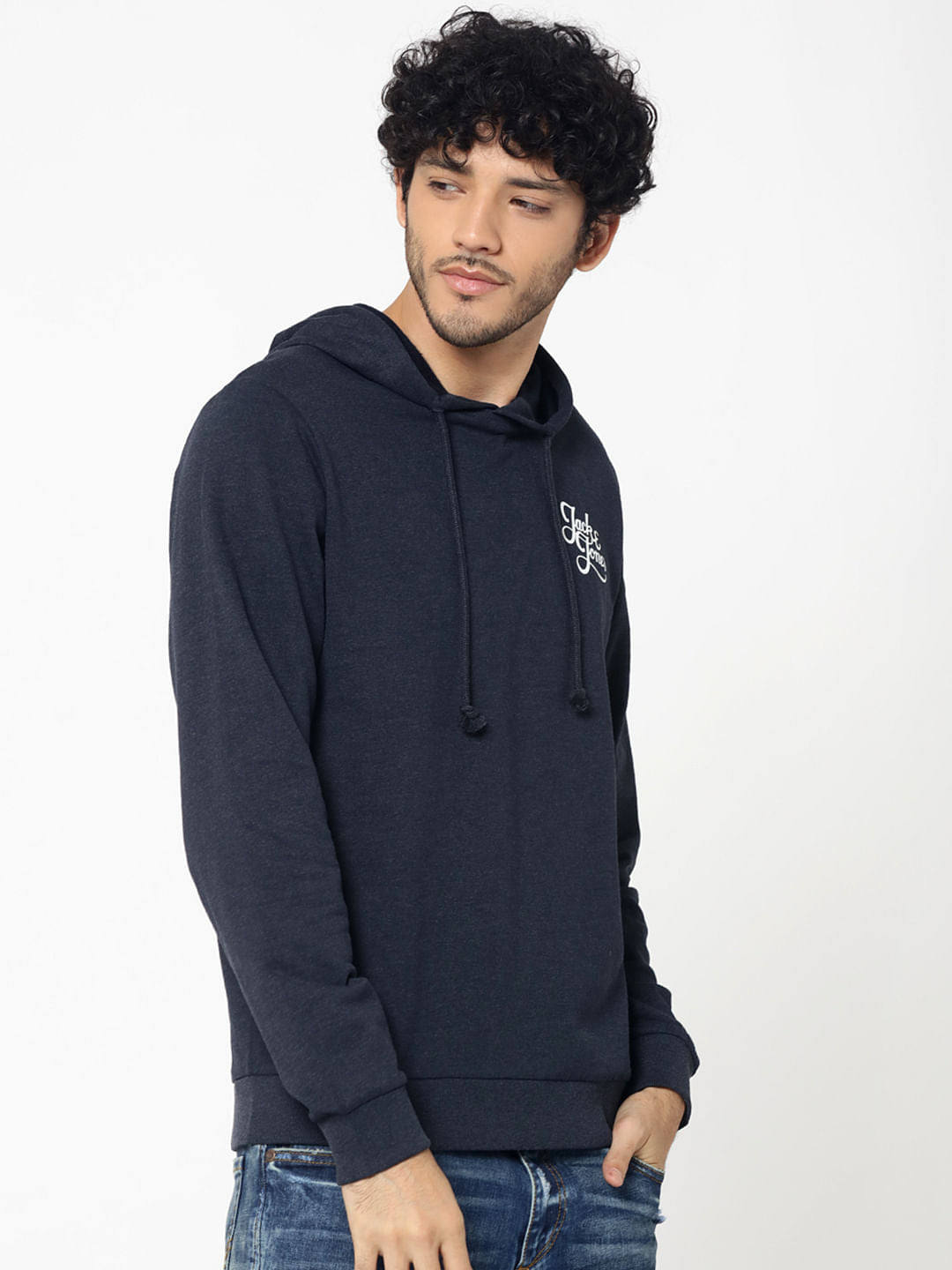 Dark Blue Logo Print Slim Fit Hooded Sweatshirt
