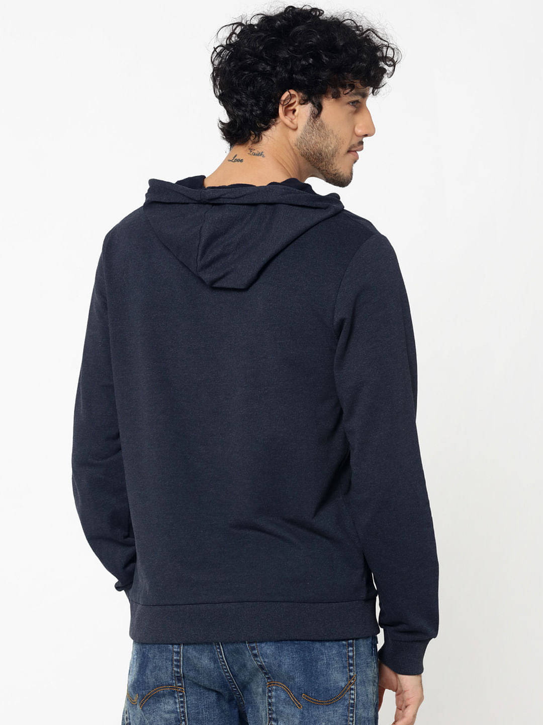 Dark Blue Logo Print Slim Fit Hooded Sweatshirt