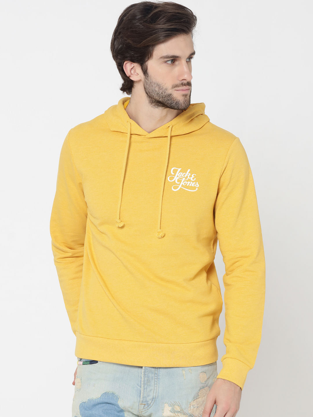 Yellow Logo Print Slim Fit Hooded Sweatshirt - S