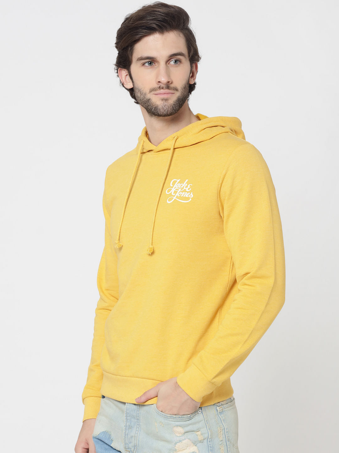 Yellow Logo Print Slim Fit Hooded Sweatshirt
