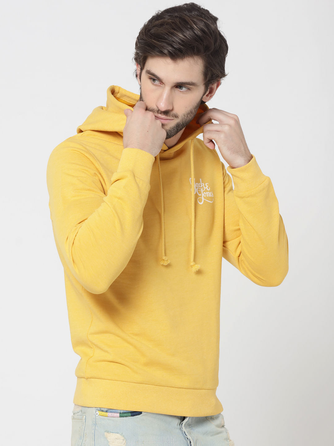 Yellow Logo Print Slim Fit Hooded Sweatshirt