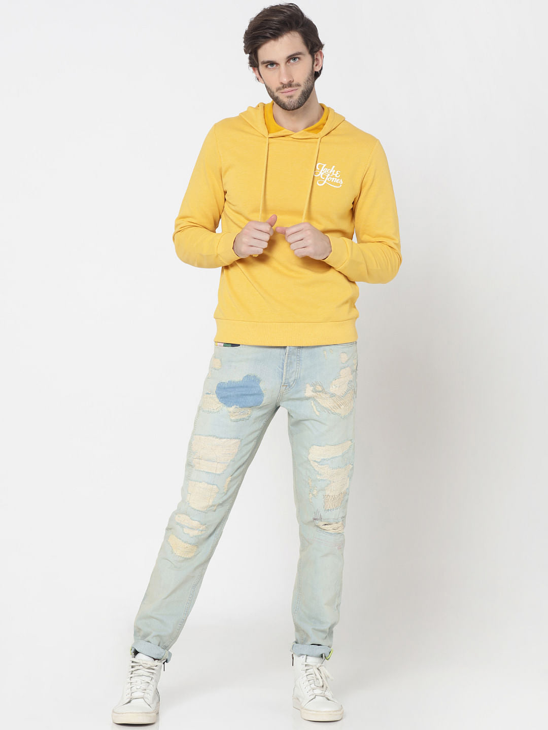 Yellow Logo Print Slim Fit Hooded Sweatshirt