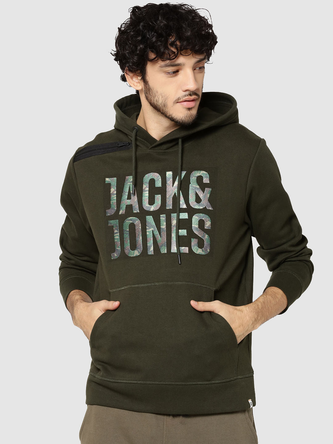 Olive Green Logo Print Hooded Sweatshirt
