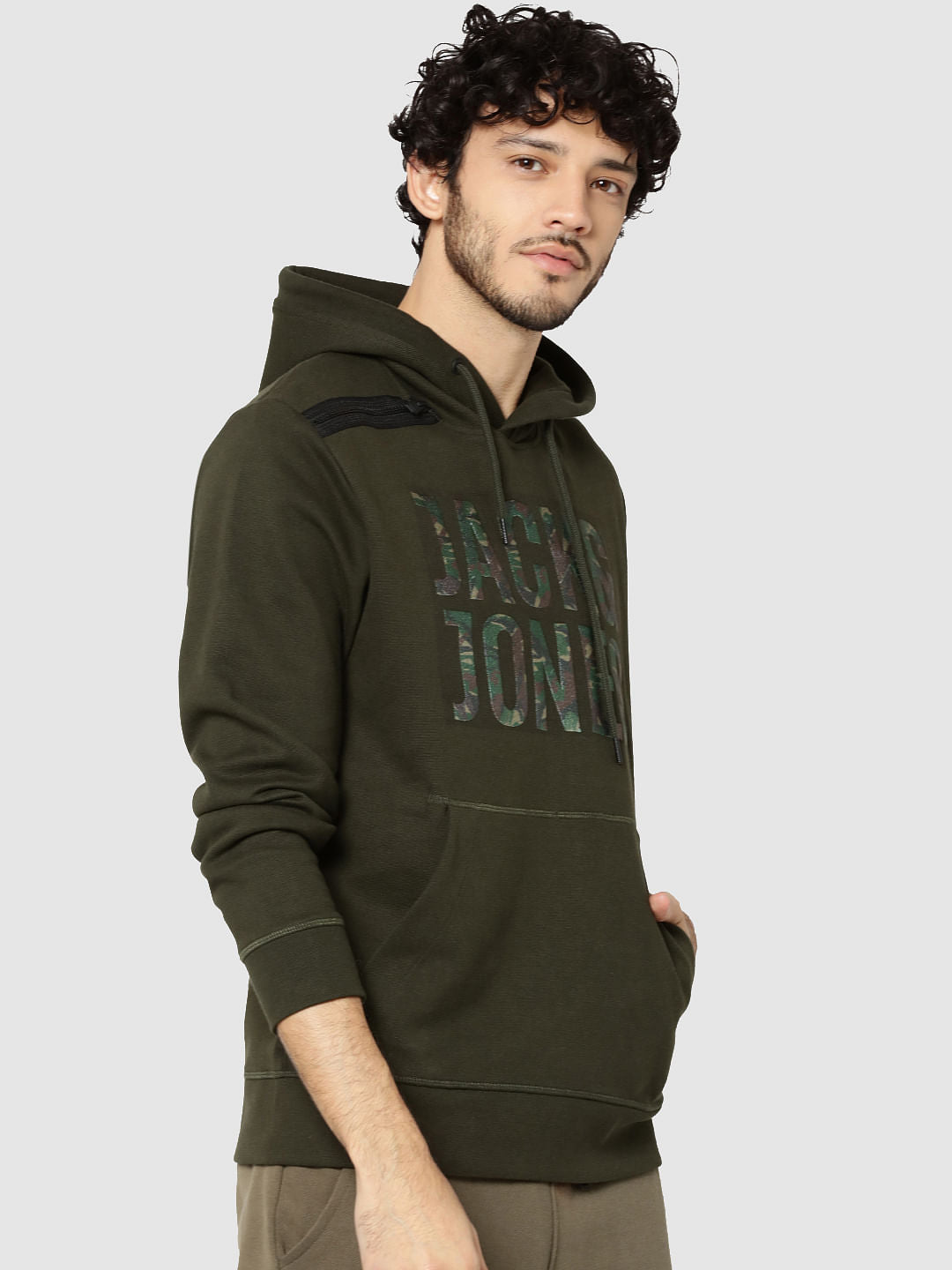 Olive Green Logo Print Hooded Sweatshirt