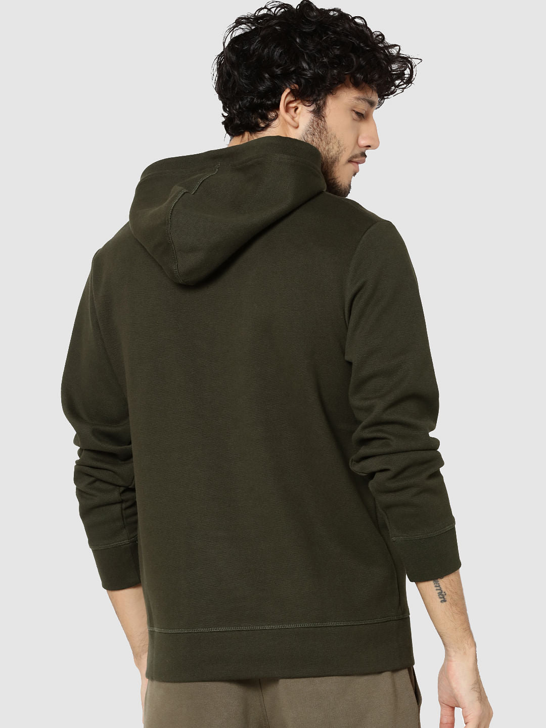 Olive Green Logo Print Hooded Sweatshirt