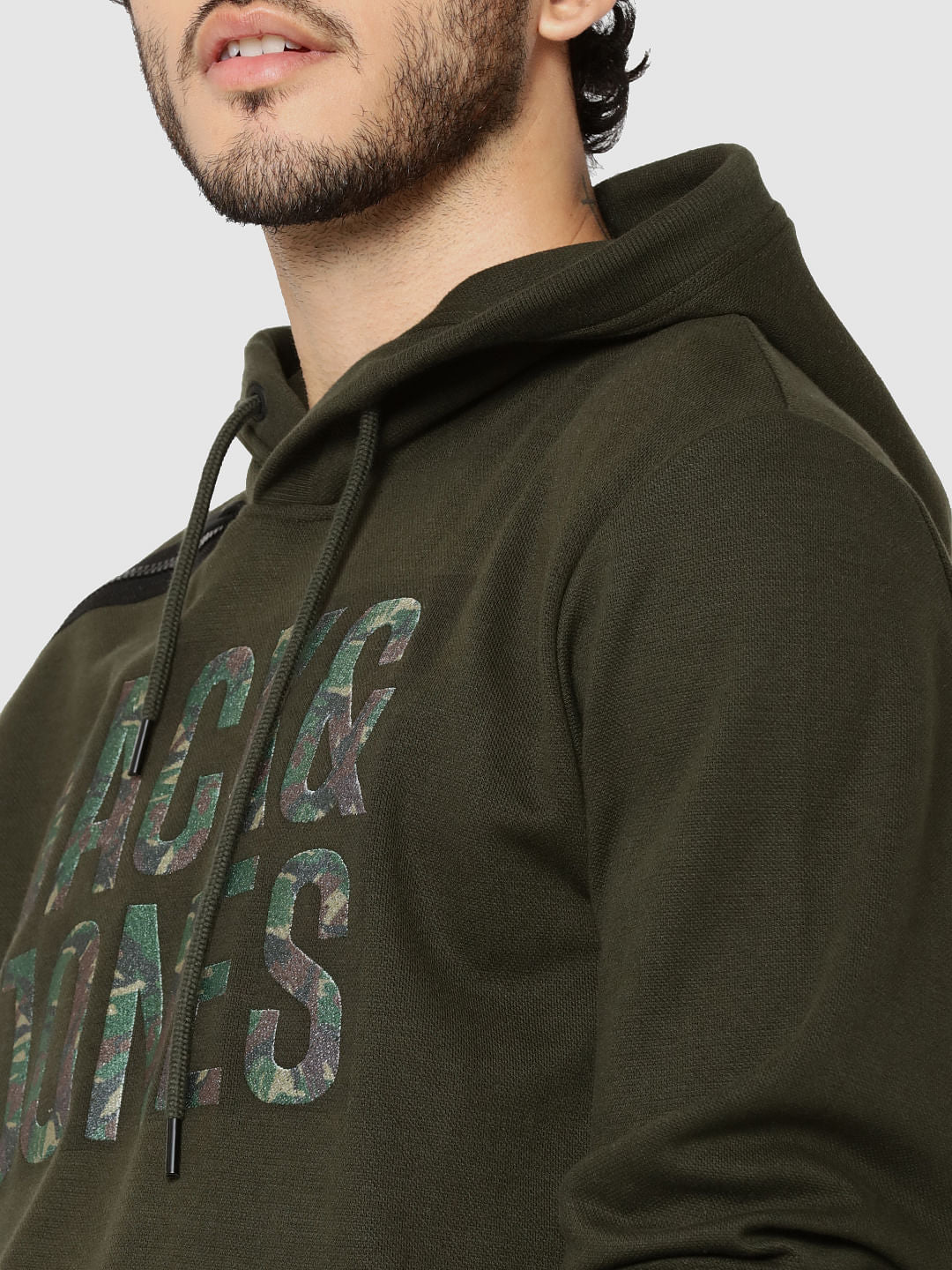 Olive Green Logo Print Hooded Sweatshirt
