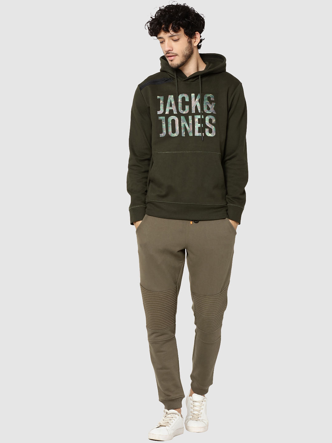 Olive Green Logo Print Hooded Sweatshirt