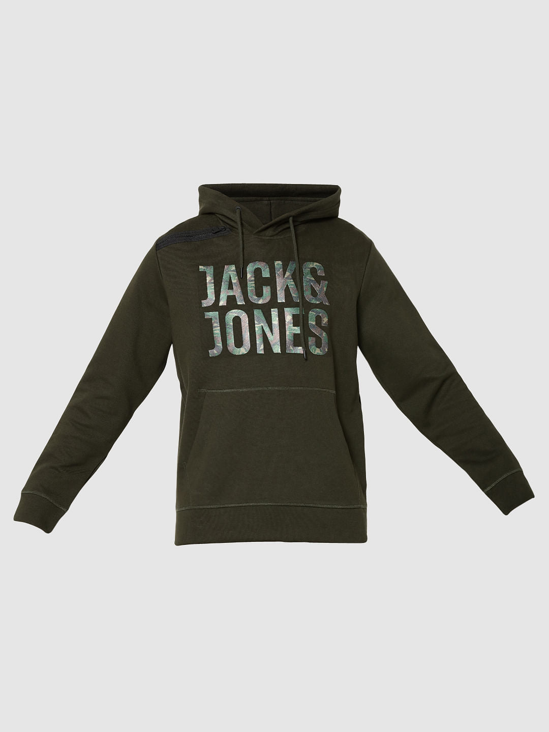 Olive Green Logo Print Hooded Sweatshirt