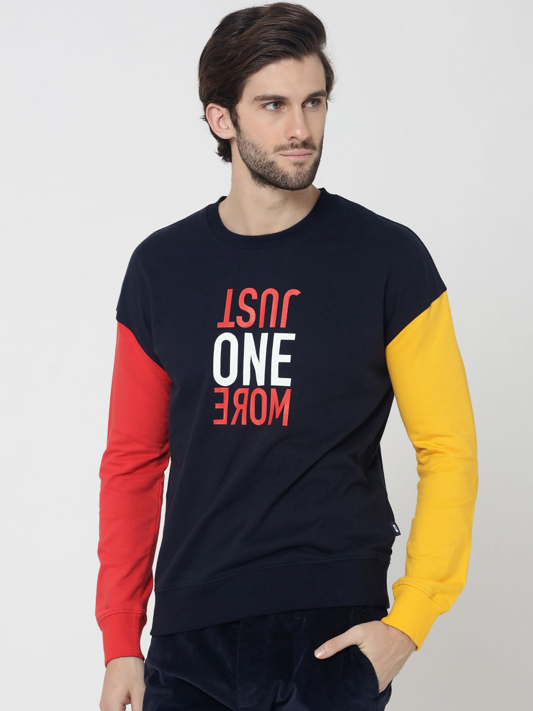 Dark Blue Colourblocked Slim Fit Sweatshirt - S