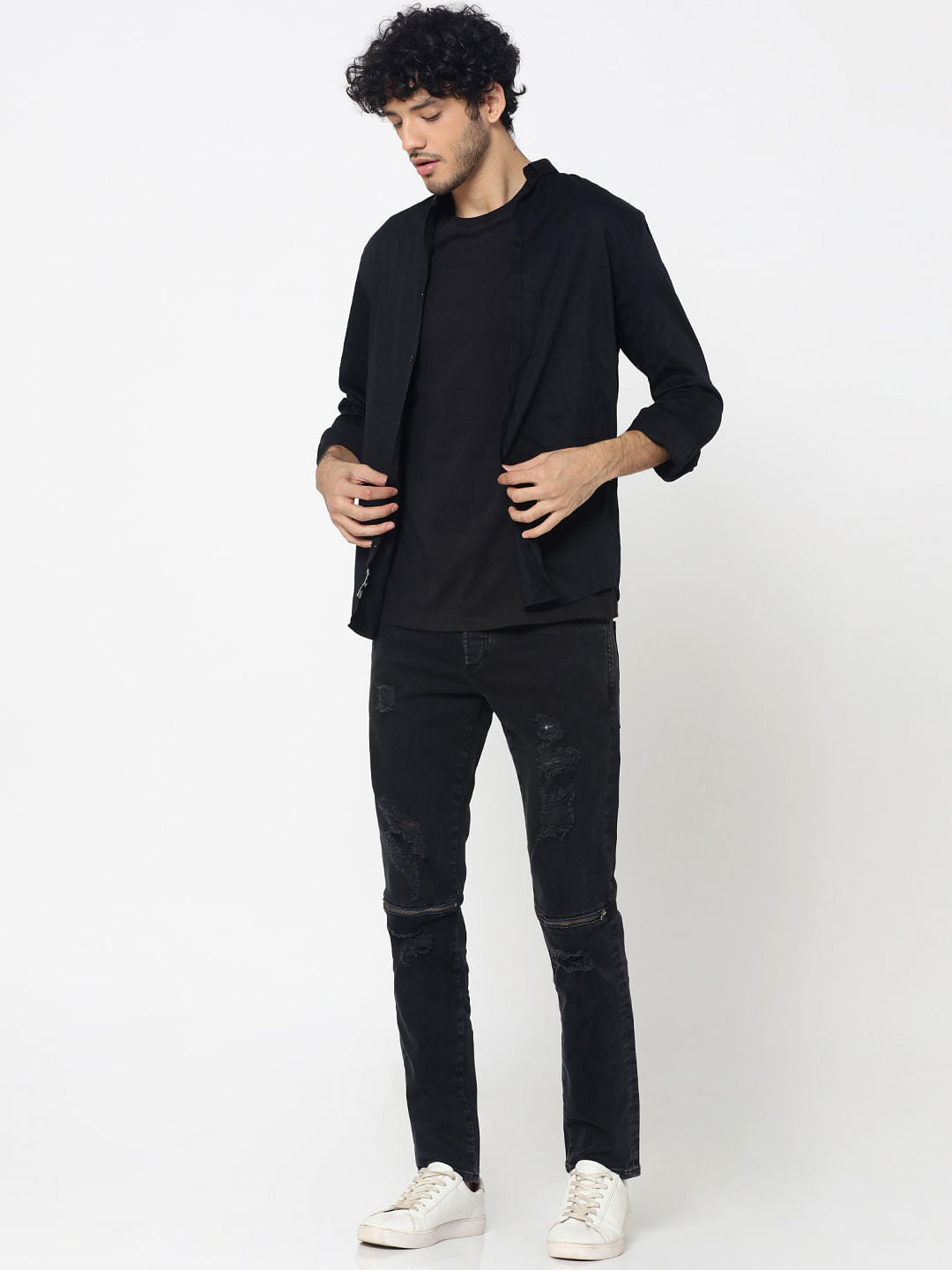 Black Heavy Distressed Zip Detail Glenn Slim Fit Jeans - 28/32