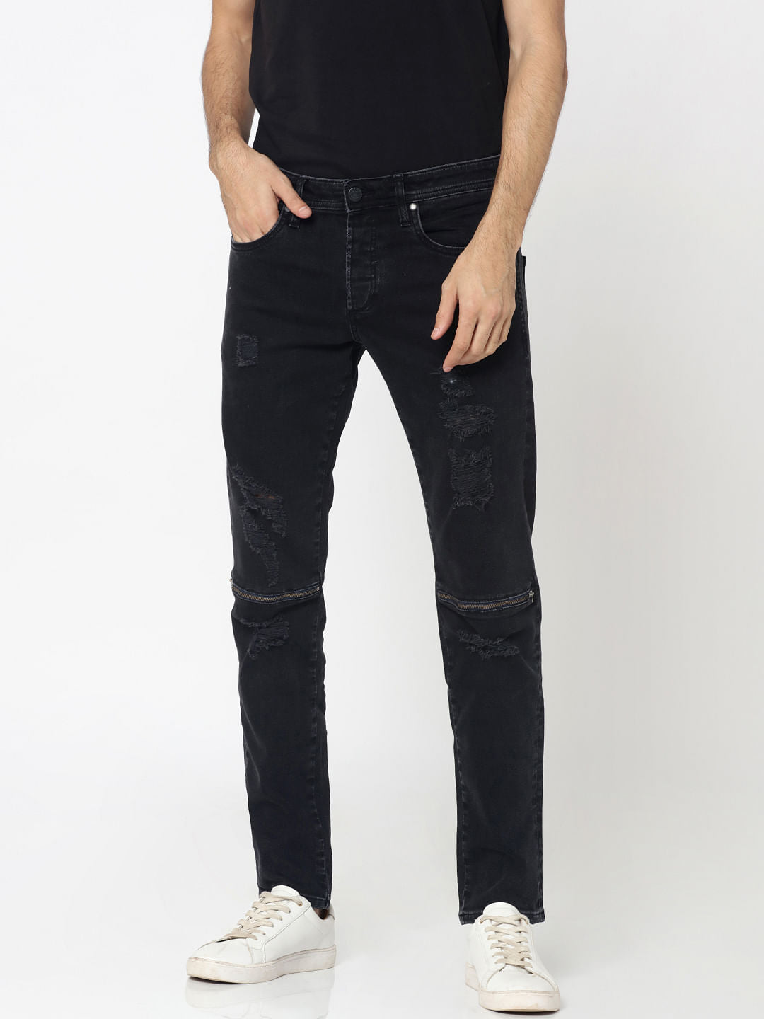 Black Heavy Distressed Zip Detail Glenn Slim Fit Jeans