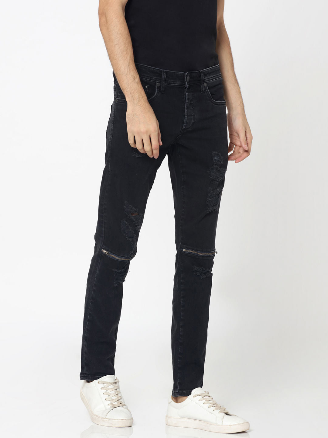 Black Heavy Distressed Zip Detail Glenn Slim Fit Jeans