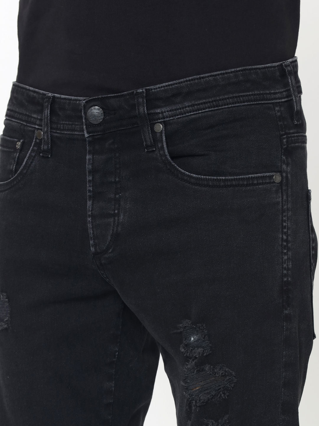 Black Heavy Distressed Zip Detail Glenn Slim Fit Jeans