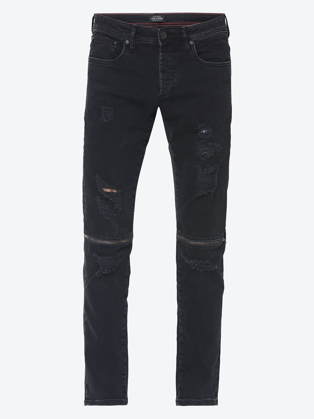 Black Heavy Distressed Zip Detail Glenn Slim Fit Jeans