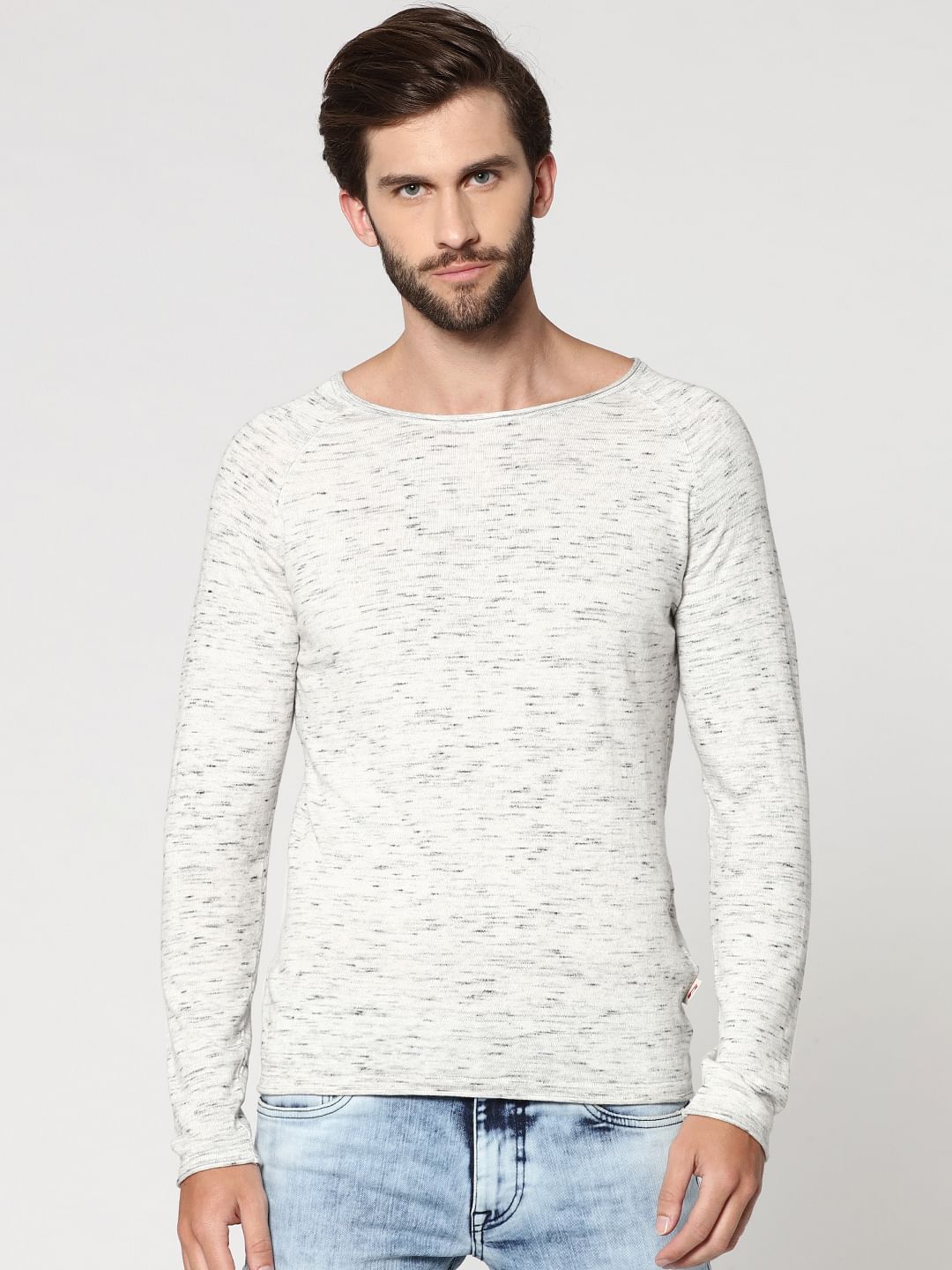 White Textured Round Neck Sweatshirt - S