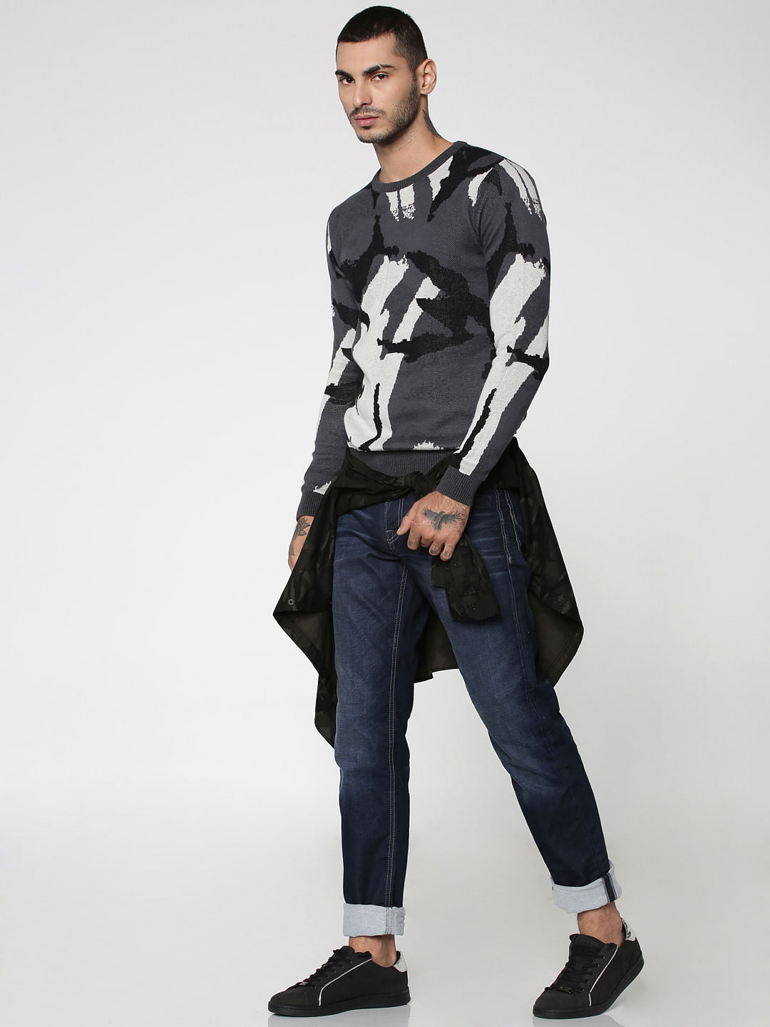 Grey Camo Print Jacquard Pullover