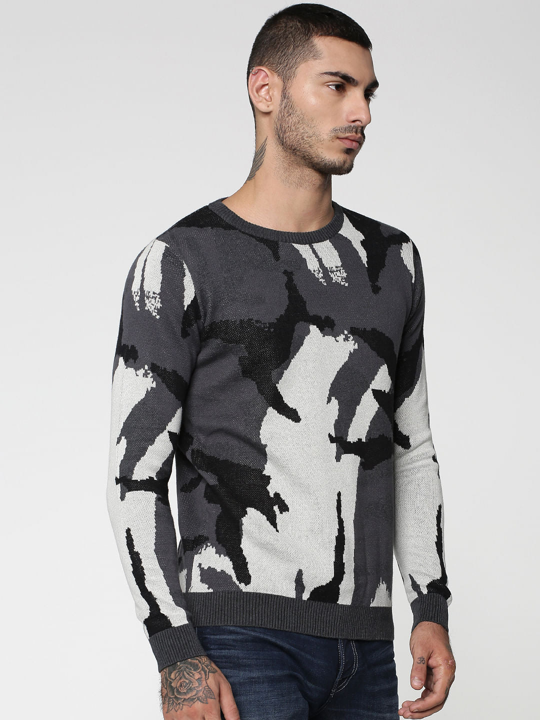 Grey Camo Print Jacquard Pullover