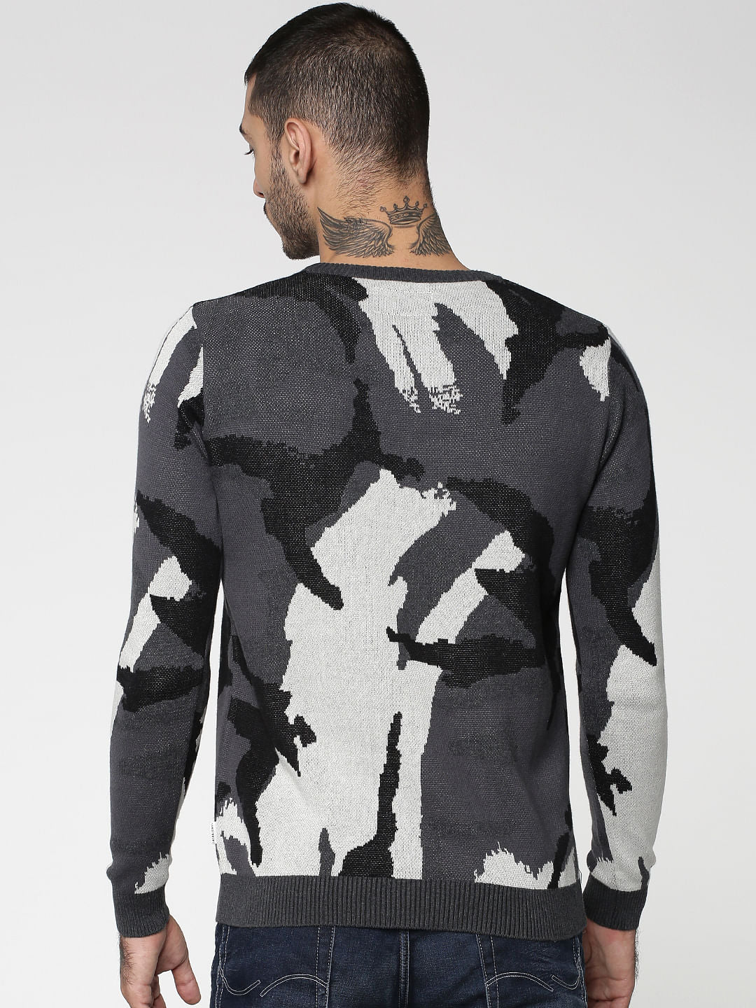 Grey Camo Print Jacquard Pullover