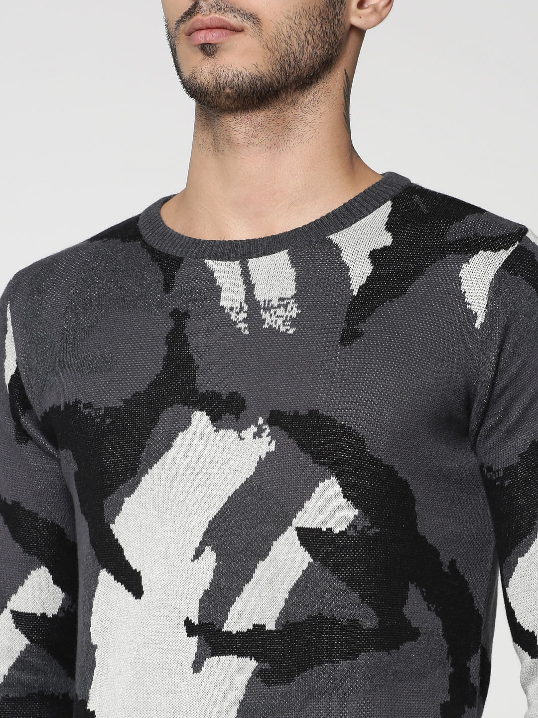 Grey Camo Print Jacquard Pullover