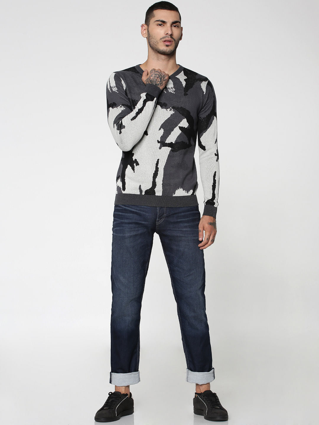 Grey Camo Print Jacquard Pullover