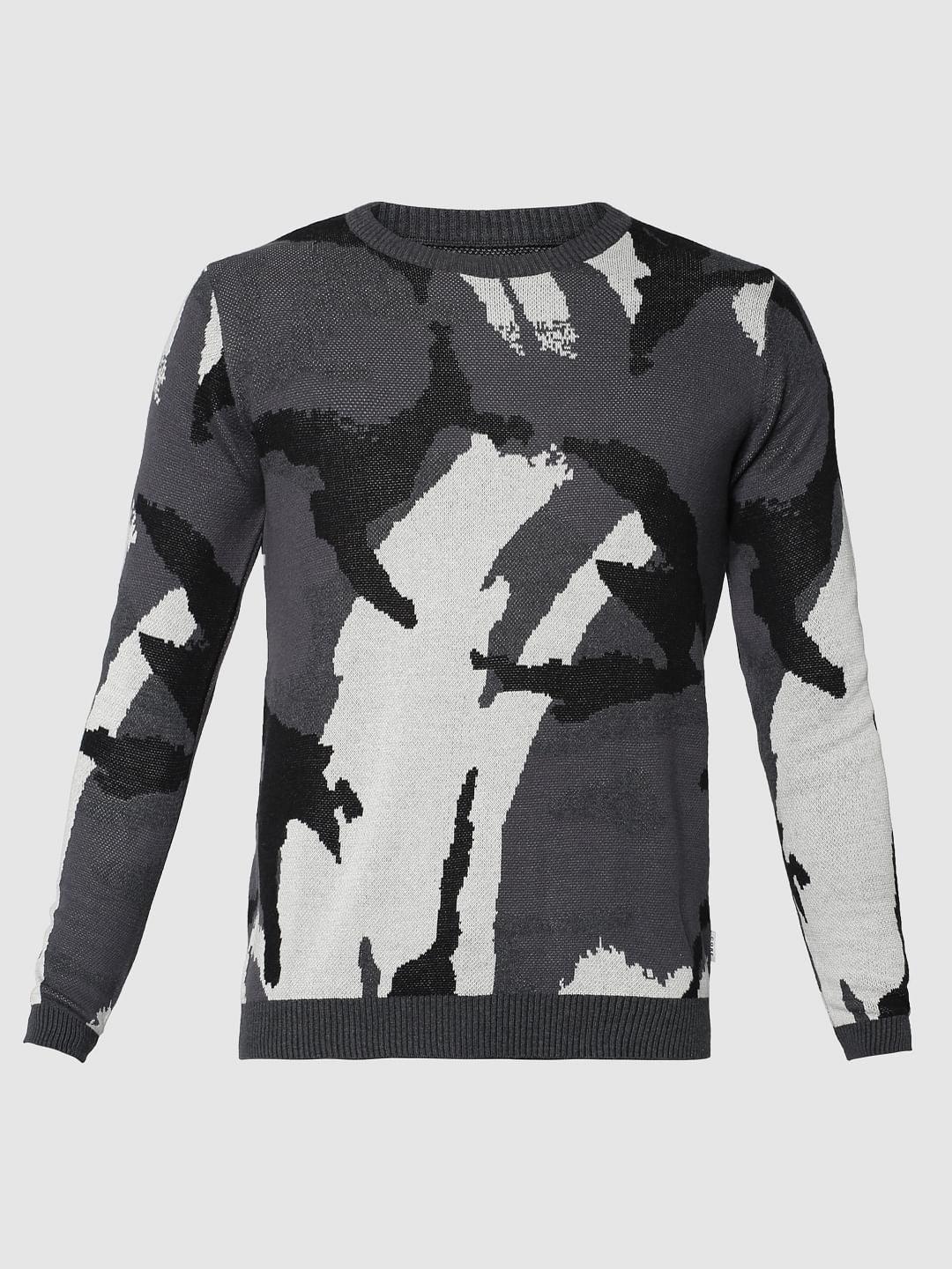 Grey Camo Print Jacquard Pullover