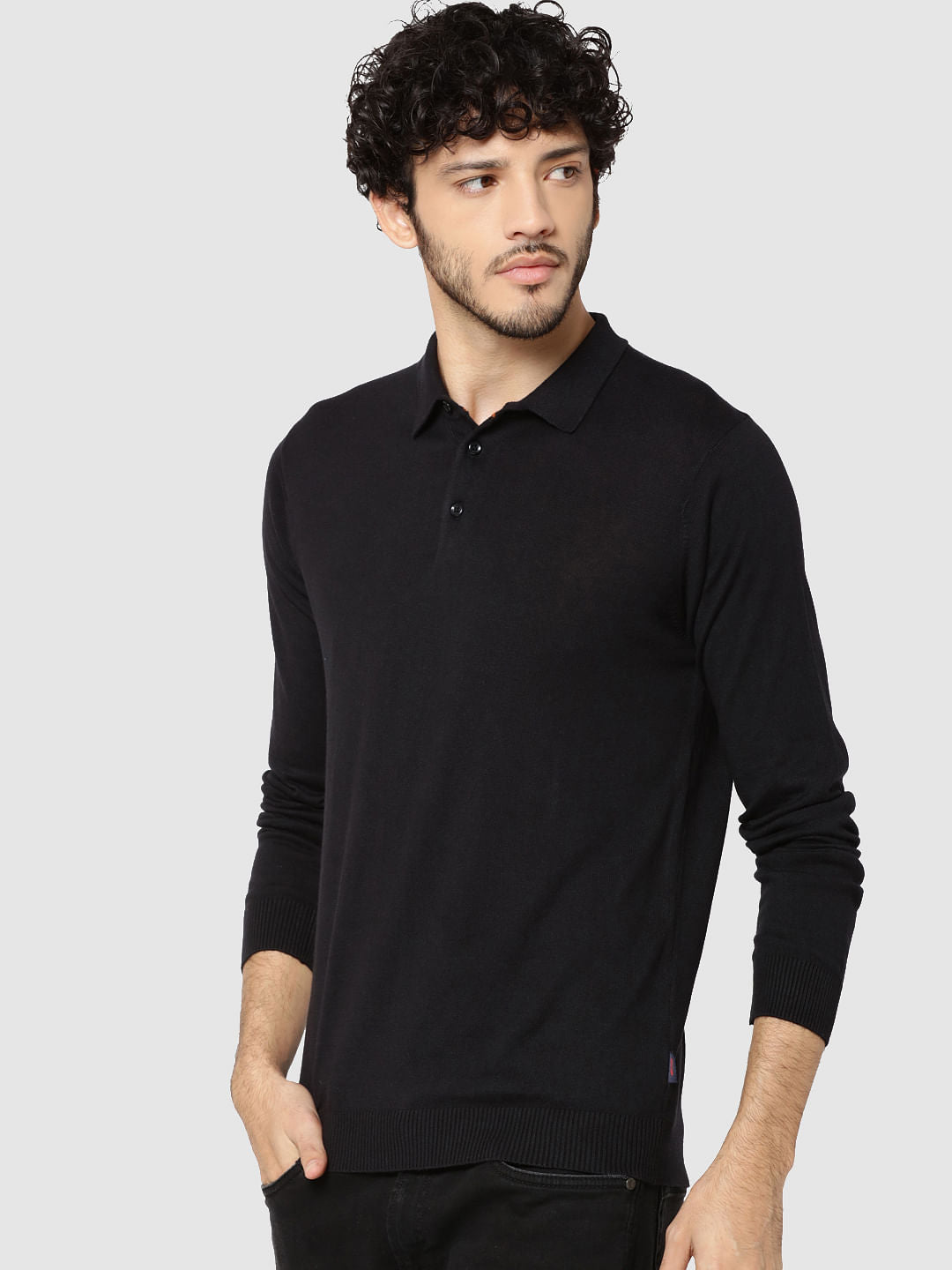 Black Full Sleeves Knit Polo T-Shirt