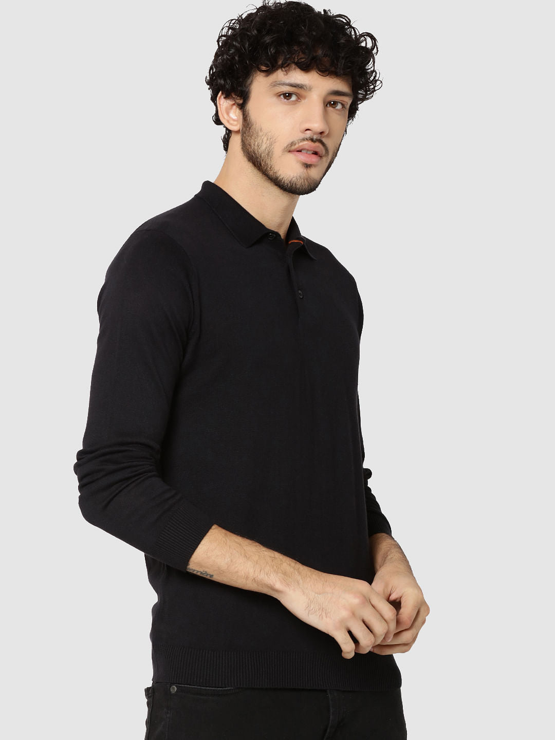 Black Full Sleeves Knit Polo T-Shirt