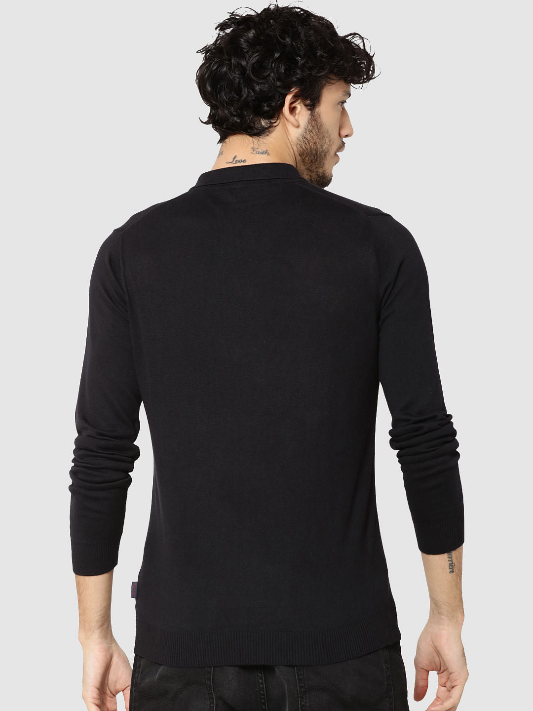 Black Full Sleeves Knit Polo T-Shirt