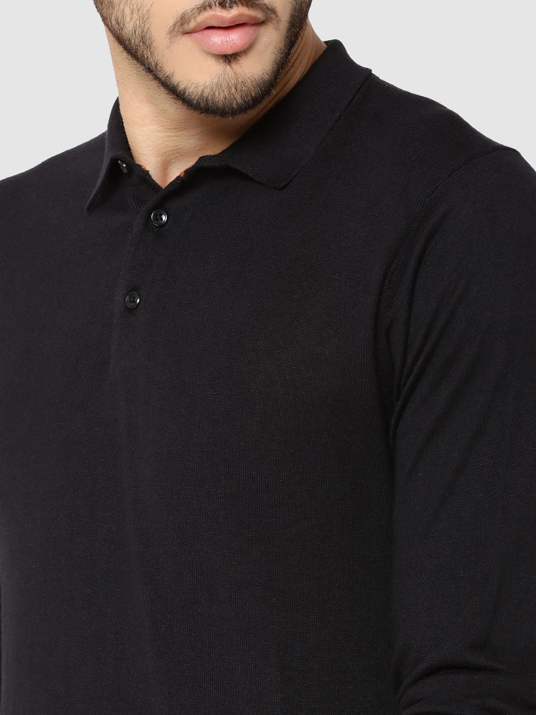 Black Full Sleeves Knit Polo T-Shirt