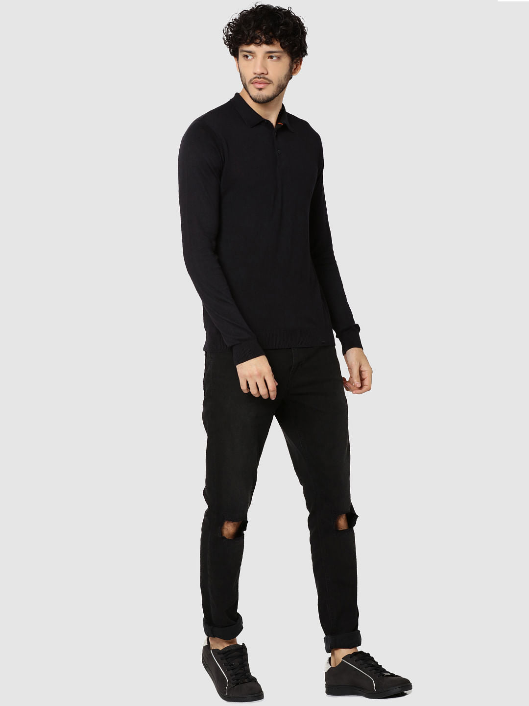 Black Full Sleeves Knit Polo T-Shirt