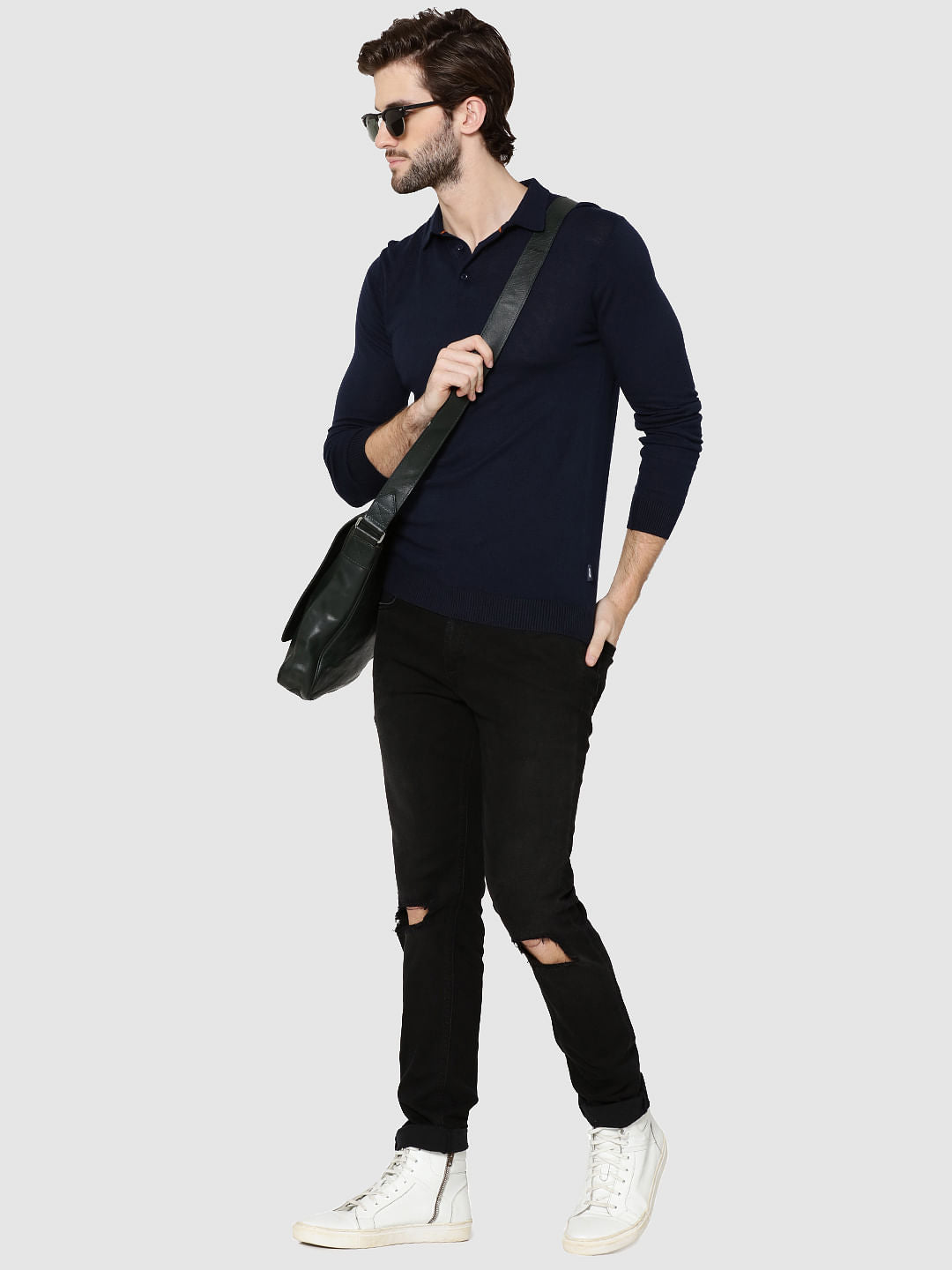 Dark Blue Full Sleeves Knit Polo T-Shirt