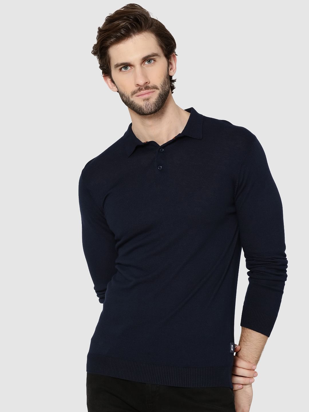 Dark Blue Full Sleeves Knit Polo T-Shirt - S