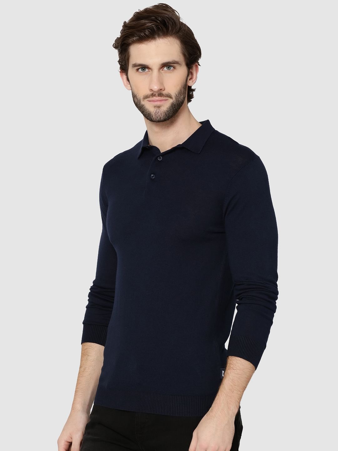 Dark Blue Full Sleeves Knit Polo T-Shirt