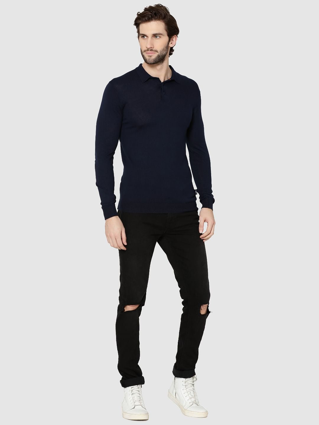 Dark Blue Full Sleeves Knit Polo T-Shirt