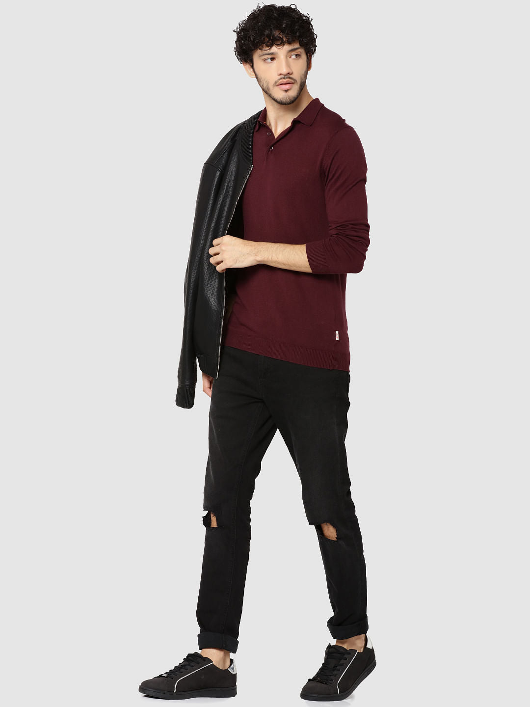 Maroon Full Sleeves Knit Polo T-Shirt