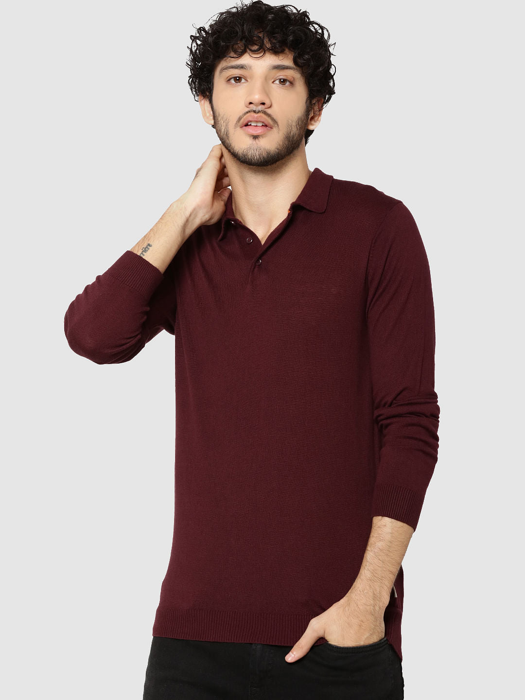 Maroon Full Sleeves Knit Polo T-Shirt - S