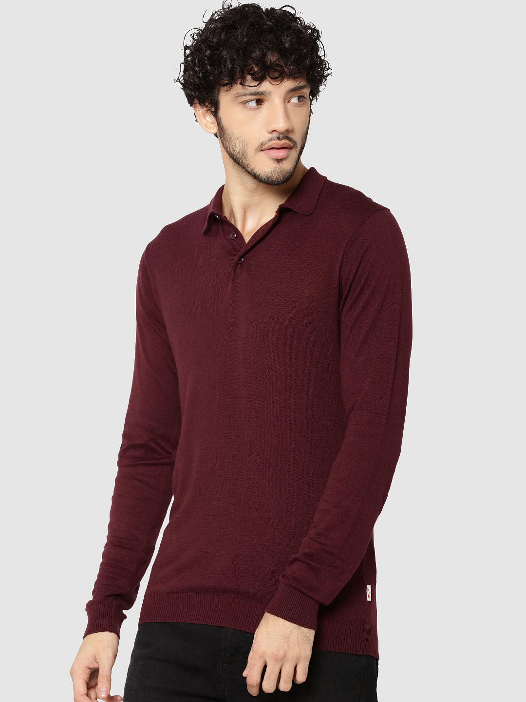 Maroon Full Sleeves Knit Polo T-Shirt