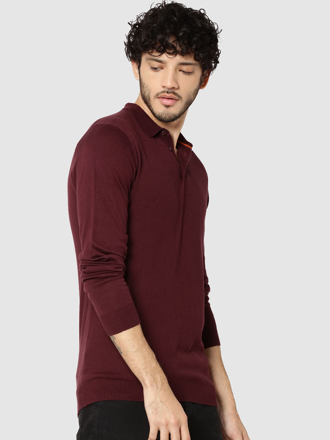 Maroon Full Sleeves Knit Polo T-Shirt