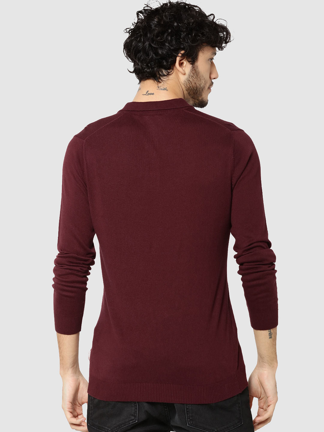 Maroon Full Sleeves Knit Polo T-Shirt