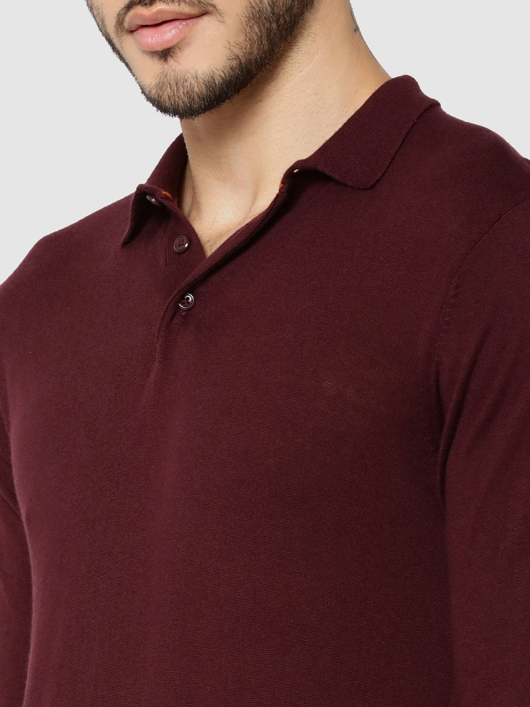Maroon Full Sleeves Knit Polo T-Shirt