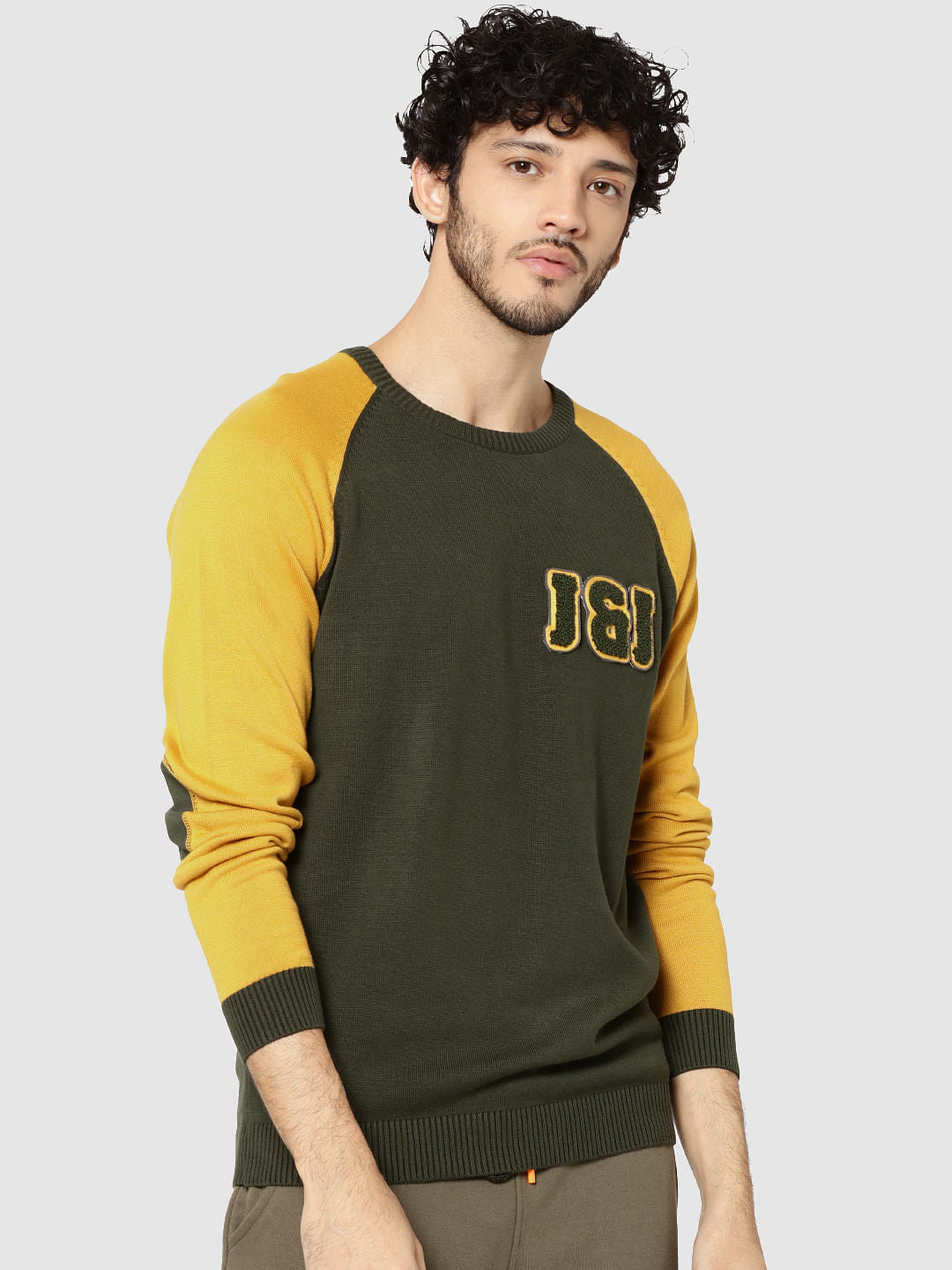 Green Colour Blocked Patch Elbows Full Sleeves Crew Neck T-Shirt - S