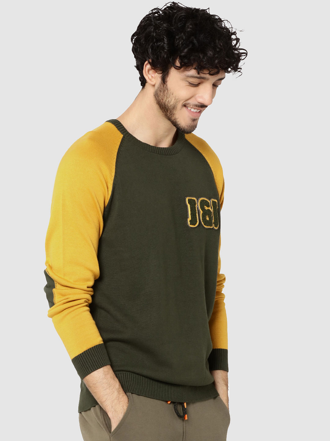 Green Colour Blocked Patch Elbows Full Sleeves Crew Neck T-Shirt