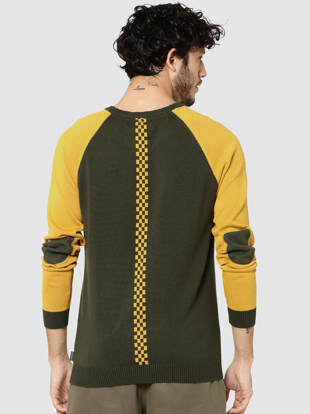 Green Colour Blocked Patch Elbows Full Sleeves Crew Neck T-Shirt