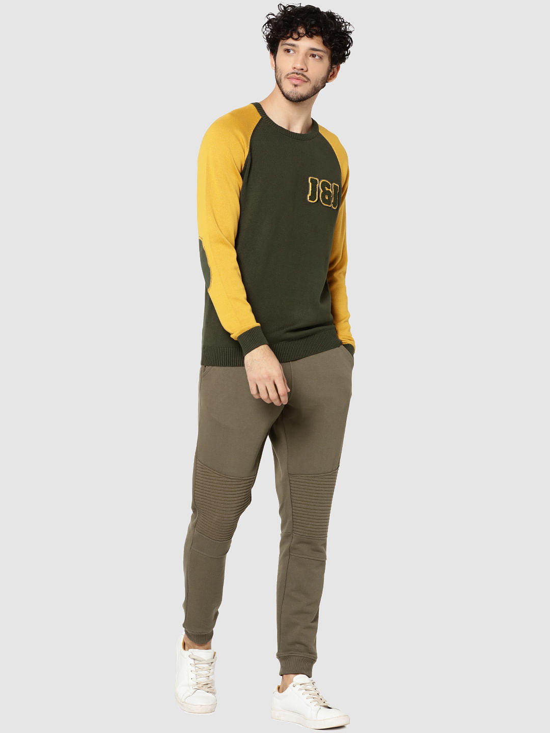 Green Colour Blocked Patch Elbows Full Sleeves Crew Neck T-Shirt