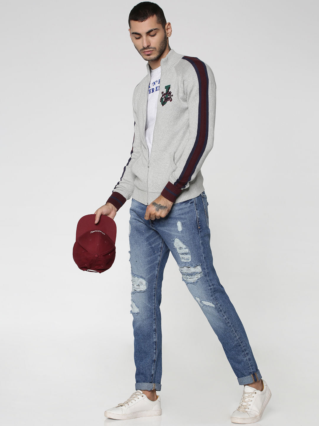 Grey Colourblocked Zip Up Cardigan