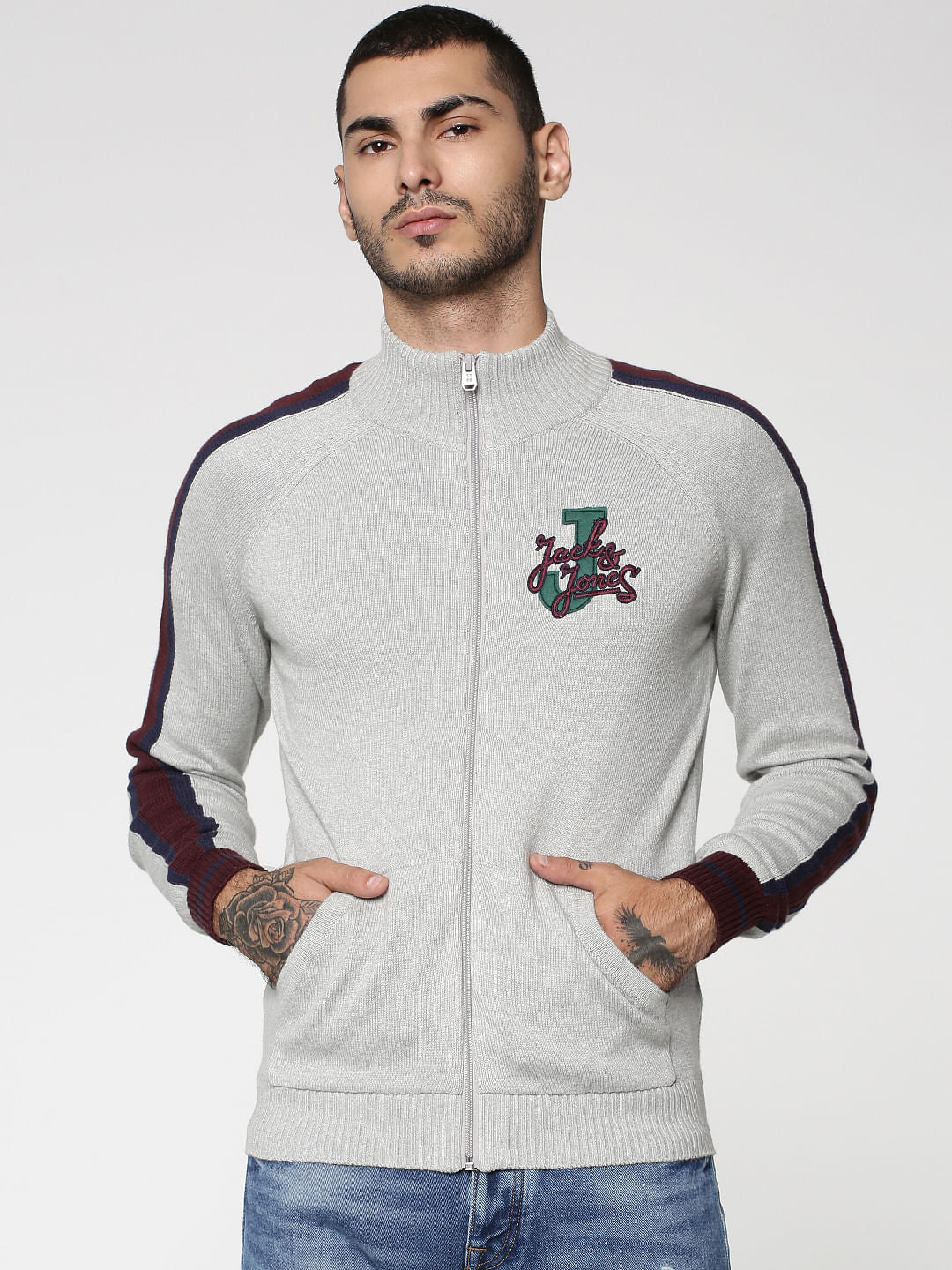 Grey Colourblocked Zip Up Cardigan